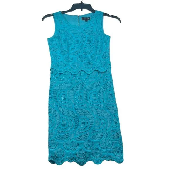 Tahari Dress Womens size 0 Blue Sleeveless Eyelet Embroidered Lined Sheath - Picture 1 of 7
